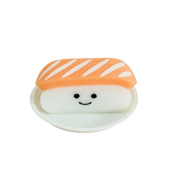 Fantasy salmon sushi sponge ball bath sponge bathing sponge girl washing face lathering washing dishes soft cute children one thick-sliced salmon (free white tray)
