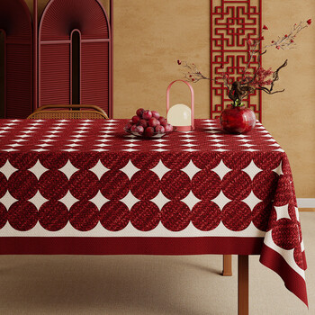 From now on, the new year red imitation linen tablecloth, new year atmosphere decoration, waterproof and oil-proof table mat, advanced home desktop protection mat z01 red shadow circle pattern 140*220cm table length 1.5~1.7 meters