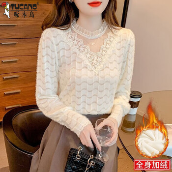 Woodpecker (tucano) velvet inner lace bottoming shirt for women 2025 autumn and winter new style slimming and temperament versatile large size small shirt for women apricot plus velvet 5xl