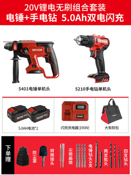 Dayou devon 20v lithium battery brushless power tool set electric drill electric hammer drill impact drill multi-purpose combination 5.0a 5401 electric hammer + 5210 electric drill 5.0ah dual power with 1