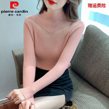 Pierre cardin lace bottoming shirt women's 2025 autumn and winter new half-turtle collar long-sleeved sweater slim fit and western style inner sweater pink s recommended 80-95 catties