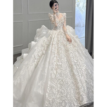 Yagroi wedding dress bridal main yarn 2025 high-end autumn and winter long-sleeved main dress new tail starry sky v-neck small man complex tail (veil glove skirt support) freight insurance l