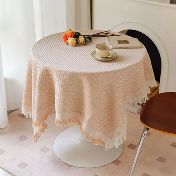 Yusenyi french cream style tablecloth cotton and linen tassel decoration round table coffee table cover internet celebrity photo background cloth plain woven cover khaki 90x90