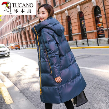Woodpecker european station 2025 winter new korean fashion shiny down jacket women's mid-length over-the-knee thickened bread jacket trendy haze blue xs