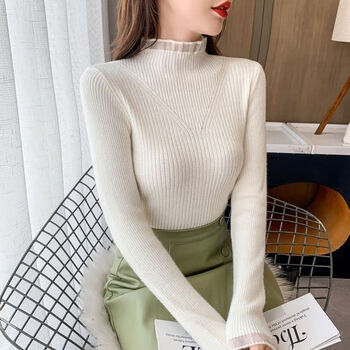 Hengyuanxiang thickened velvet autumn and winter new style half turtleneck sweater bottoming shirt for women with western style top lace splicing sweater white (without velvet) l (110-115 catties)