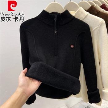 Pierre cardin half-zip plus velvet all-in-one knitted sweater for women autumn and winter half turtleneck, right shoulder, stylish inner layering shirt, thick top, black l, recommended 105--115 catties