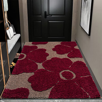High-end thick plush nordic entrance door floor mats, door carpets, home door mats, bedroom door mats, dust-removal and anti-dusting, wealthy flowers vertical version - camel + wine red 100cm*120cm hand-woven_thick, non-slip, machine washable