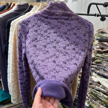 Langsha half turtleneck lace bottoming shirt for women, autumn and winter style, long-sleeved, velvet, warm and high-end mesh top, purple velvet, thickened xl 115-140 catties