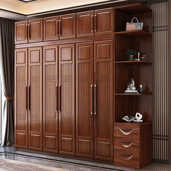 New chinese style walnut solid wood wardrobe modern simple household small apartment storage large wardrobe carved storage cabinet six-door wardrobe + small round stool