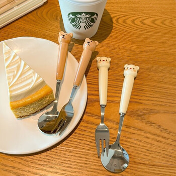 Patuma cute ins cute bear spoon fork chopsticks three-piece set high-looking student children portable tableware set cartoon style cream bear spoon + chopsticks + fork + box four-piece set