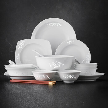 Jingdezhen (jdz) ceramic tableware set exquisite relief bowl and plate set chinese style high-end household housewarming gift jade peony