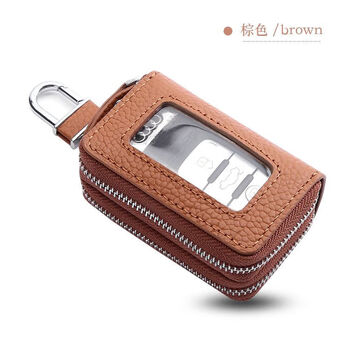 Ye yu genuine leather double layer key bag women's universal home car key buckle protective cover pure leather portable transparent window remote control 9005 litchi brown