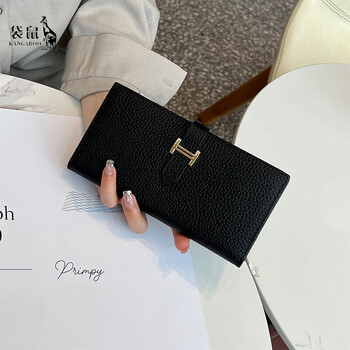 Kangaroo wallet women's long multifunctional genuine leather retro versatile 2025 new folding exquisite mobile phone bag wallet noble black