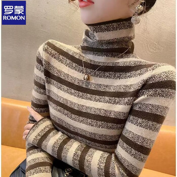 Romon one-piece velvet striped high-neck bottoming shirt for women autumn and winter 2025 plus velvet thickened foreign style fashionable inner top coffee one-piece velvet thickened s 80-100