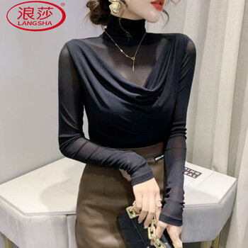 Langsha velvet thickened turtleneck bottoming shirt for women in autumn and winter european style black mesh long-sleeved t-shirt tight inner top black without velvet m recommended 90-105 pounds