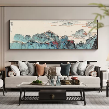 Yusen yihu mountain spring warmth ancient landscape painting new chinese living room decoration painting office tea room sofa background horizontal painting core no. 1 matte black eco-friendly ps frame no glass mounting high-end paintings handmade finely mounted 120x40