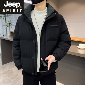 Jeep spirit down jacket men's short winter custom textured stand collar color matching handsome light and thick men's bread jacket black m 90-110 pounds