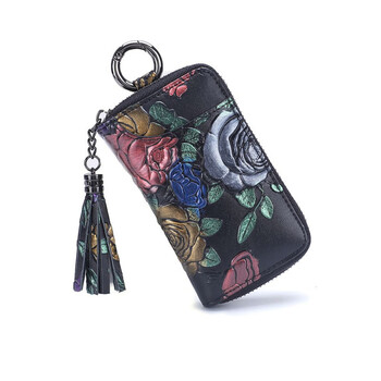 Ye yu key bag women's genuine leather large capacity ethnic style painted card holder all-in-one multi-function coin purse exquisite small cowhide gold rose