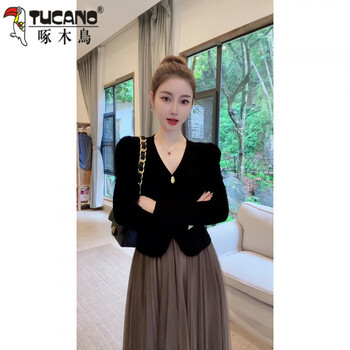 Woodpecker (tucano) french niche design black gold velvet long-sleeved shirt for women spring and autumn v-neck puff sleeve short top black s