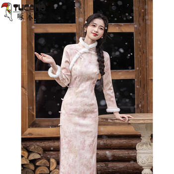 Woodpecker pink new chinese style cheongsam 2025 new autumn and winter slim fit high-end temperament young girl fairy daily pink plus velvet thick l