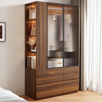 Minyao solid wood wardrobe for home bedroom, antique-style single small wardrobe that does not take up space, wardrobe space-saving small apartment cabinet, facing left 110*50*200cm (walnut color)