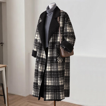 Sibaishe contrast color plaid coat women's 2025 winter new lazy style long sleeve loose woolen coat