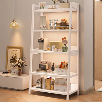 Zhenyan selected bookshelf storage rack floor-standing bedroom book storage rack multi-layer storage rack iron handicraft rack ladder shelf home upgrade and heightening warm white five-layer 50*150