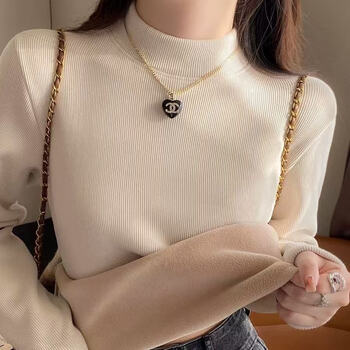 Fanmixing 2025 new autumn and winter half turtleneck plus velvet bottoming shirt for women, slim fit and warm long-sleeved sweater can be worn outside, white, velvet and thickened, l recommended 105-115 catties