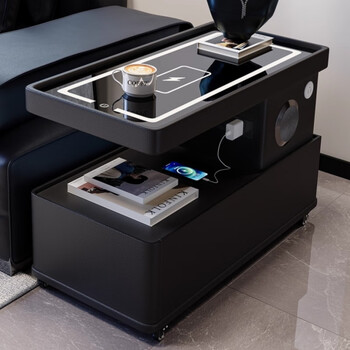 Jin wei lai movable coffee table for small apartments, modern and simple side cabinet, light luxury living room, italian style minimalist smart sofa, side table cart, black tempered glass surface, wireless charging + ambient light + bluetooth speaker + usb, depth 90*width 40*height 57