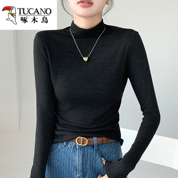 Woodpecker bottoming shirt 2025 new women's autumn and winter inner long-sleeved t-shirt brushed and velvet thickened versatile half turtleneck top black m suitable for 80-95 pounds