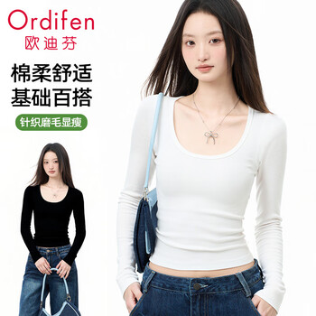 Oudifen bottoming shirt for women, fashionable large u-neck inner wear for women, 91% xinjiang cotton autumn and winter knitted brushed long-sleeved t-shirt, slim and elastic m