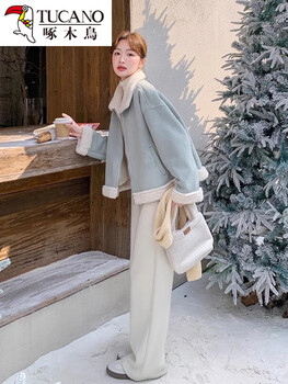 Woodpecker blue fur one-piece sherpa jacket for women winter korean style sweet and cool street short suede cotton jacket m