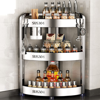 Benwang (bw) 304 stainless steel kitchen spice storage rack countertop corner spice storage rack household multi-functional tripod president recommendation - 304 stainless steel 29cm three-layer + chopstick barrel + knife holder