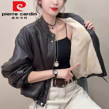 Pierre cardin leather short jacket women's 2025 autumn and winter new korean style velvet jacket black m