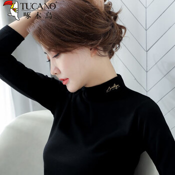 Woodpecker pure cotton half turtleneck bottoming shirt for women in autumn and winter with brushed thickened style mid-collar t-shirt long-sleeved top black s