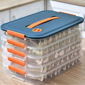 He jiagong dumpling storage box, special multi-layer crisper for dumpling boxes, large capacity kitchen refrigerator frozen wonton dumpling holder, blue, date + non-slip handle, 4 layers, 1 cover, can store about 240 pieces