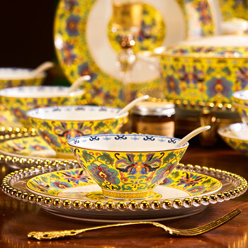 Han ming palace enamel high-end first-class bone china tableware complete set of light luxury jingdezhen dish set household housewarming gift nobles in porcelain - handed down classic 60 pieces丨high-end brocade box