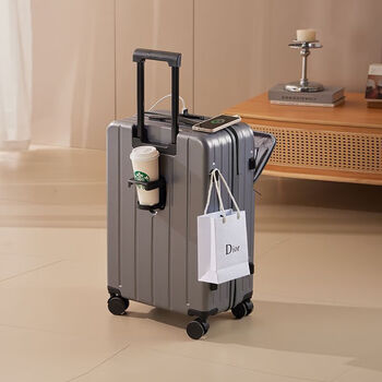 Ye yu suitcase with front opening, multi-functional wheeled trolley case, student password box, durable suitcase, premium gray upgraded model + cup holder + hook, 20-inch thickened trolley + wheel + case cover