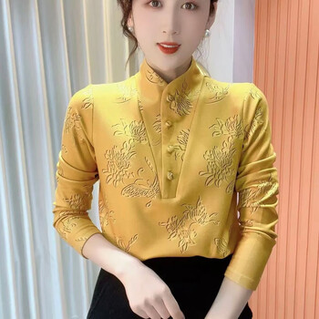 Su ningning stand-up collar plus velvet thickened bottoming shirt for women 2025 winter new style new chinese style age-reducing long-sleeved warm and stylish shirt yellow (warm plus velvet) 2xl recommended 105-120 pounds