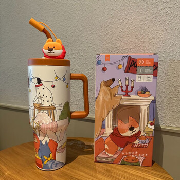 Big mac thermos cup for girls ins new large large capacity ice cup ton bucket straw office water cup exquisite color box puppy party ice cup 1200ml