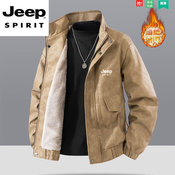 Jeep spirit jeep autumn and winter jacket men's stand-up collar workwear thickened velvet warm outdoor motorcycle casual leather jacket khaki velvet thickened 3xl