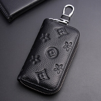 Shijanu cowhide popular universal car key home key bag men and women key storage card bag large capacity black (buckle version)