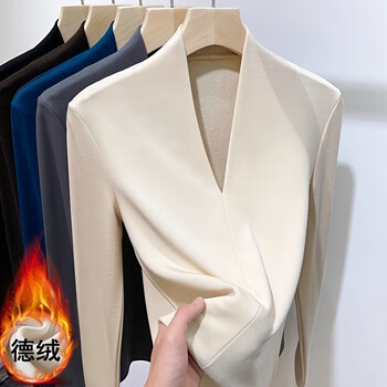 Yisennn soft waxy german velvet v-neck bottoming shirt for women, new autumn and winter slim fit, versatile long-sleeved t-shirt, warm inner top, apricot xl, recommended 110-120 pounds