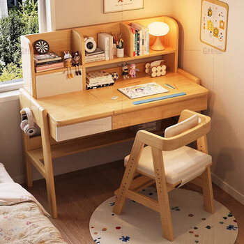 Guijiayuan solid wood desk study table with bookshelf can be tilted up and down student writing desk computer desk desktop study furniture original white single table length, width and height 100*60*110cm