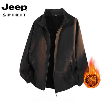 Jeep spirit stand collar velvet jacket men's autumn and winter thickened warm cardigan work jacket lambswool fleece black 2xl