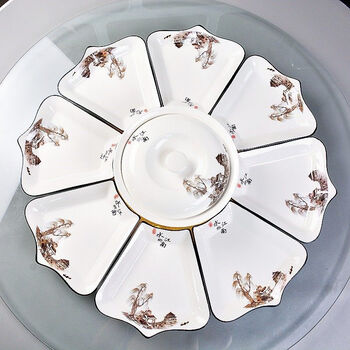 Runhua nian round table fan-shaped internet celebrity ceramic reunion platter tableware combination set dish plate dish dishes new year family dinner new bone china jiangnan water village crown 8 plates 8 bowls 8 bone plates 8 pairs of ceramic chopsticks soup pot