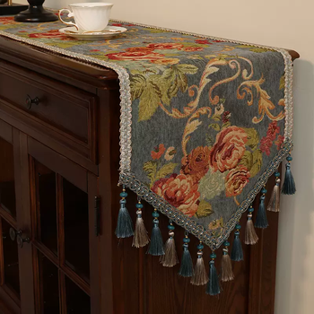 Yusenyi american table runner, light luxury, high-end table runner, high-end coffee table cloth, european-style sideboard cabinet cover cloth, flowery blue (high-end style) 35x210cm (size includes lace)