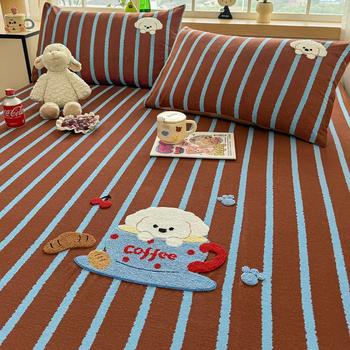 Yusenyi brushed pure cotton rabbit three-piece single sheet set autumn and winter pure cotton children's quilt student dormitory fitted sheet cover thickened coffee dog (thick pure cotton brushed fabric, delicate and skin-friendly, soft and comfortable) 1 piece single piece fitted sheet 90x200cm (suitable for 515cm inner mattress)