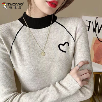Woodpecker half turtle collar german velvet bottoming shirt women's autumn and winter 2025 new style can be weared out unique contrast color splicing top women's floral gray half love-black m recommended within 100 jin
