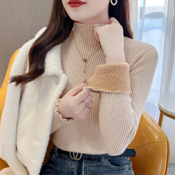 Langsha half turtleneck all-in-one velvet bottoming shirt for women, autumn and winter thickened velvet sweater, stylish fungus-edged sweater, apricot color - high quality all-in-one velvet s within 95 pounds